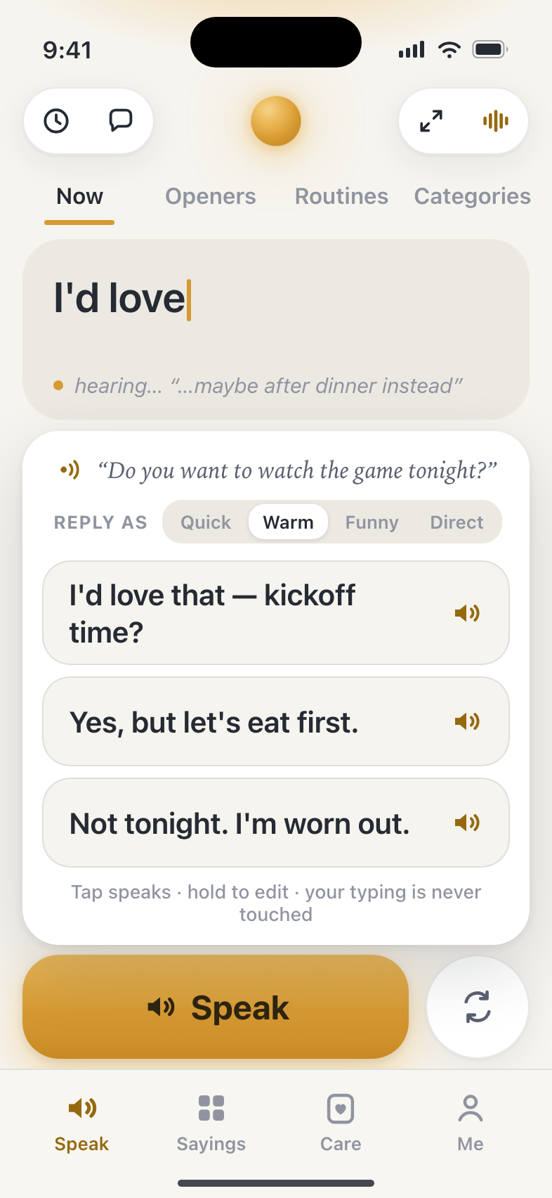 Rejoin's Speak screen mid-conversation: it heard 'Do you want to watch the game tonight?' and offers three tappable replies in the speaker's own style.